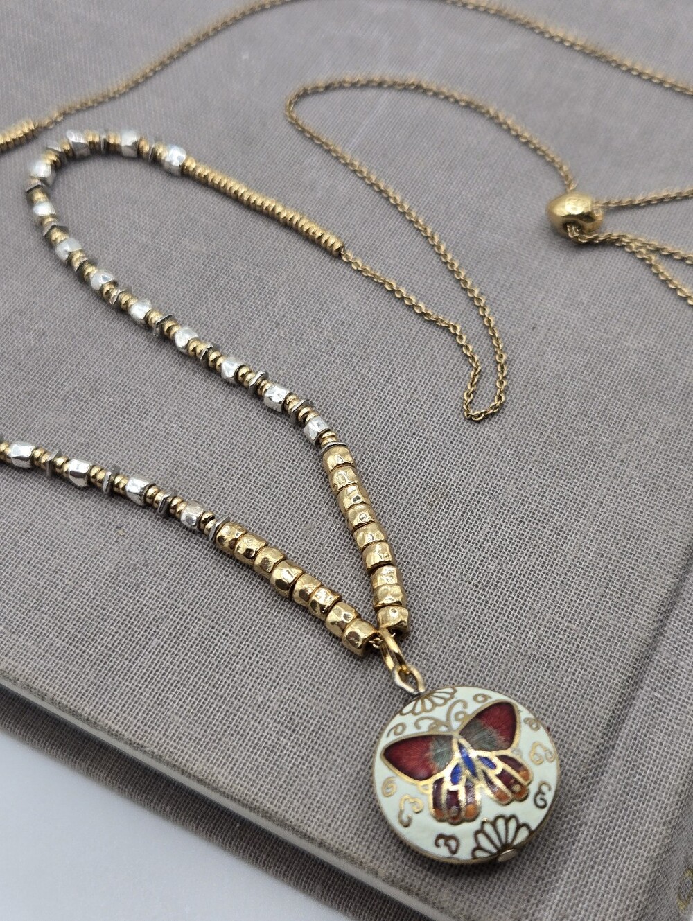 Cloisonne Enamel Butterfly Pendant Necklace Dainty Gold Tone Chain 28” Fairy